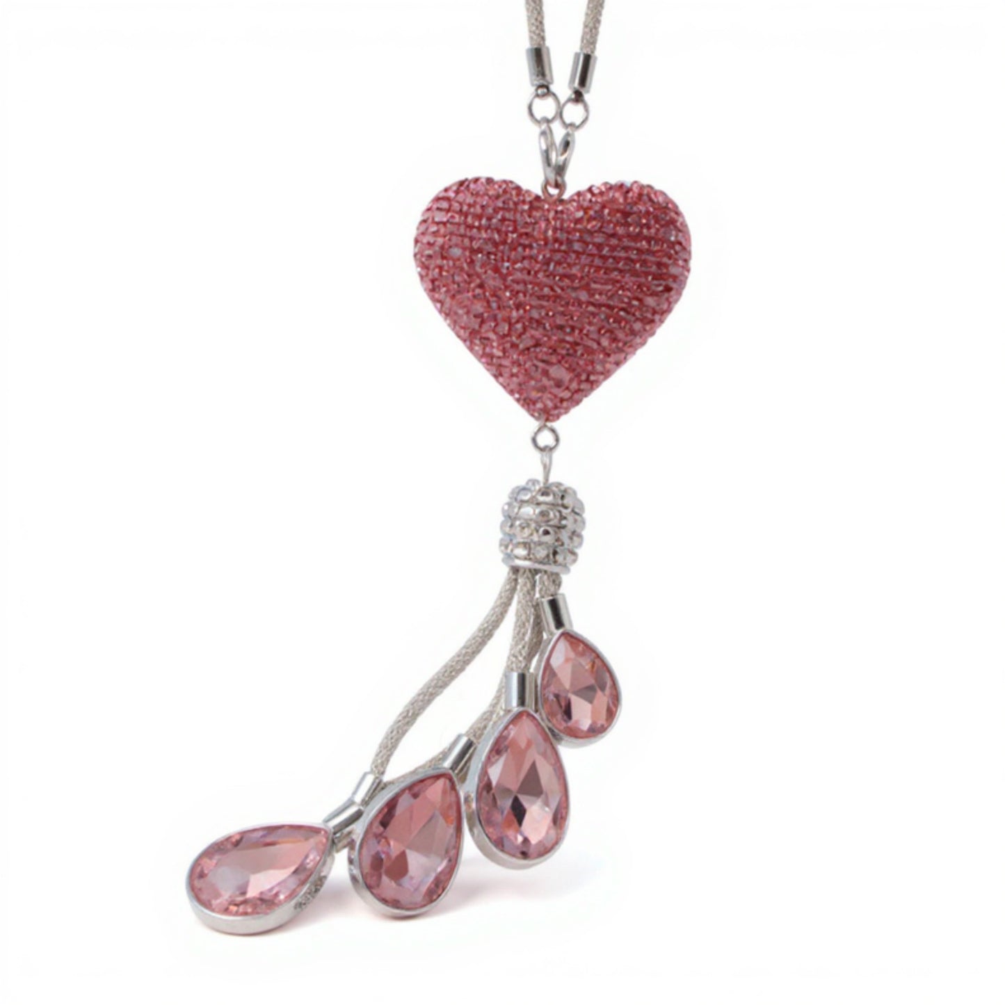Pink Crystal Heart Car Mirror Charm with Teardrop Rhinestone Tassel