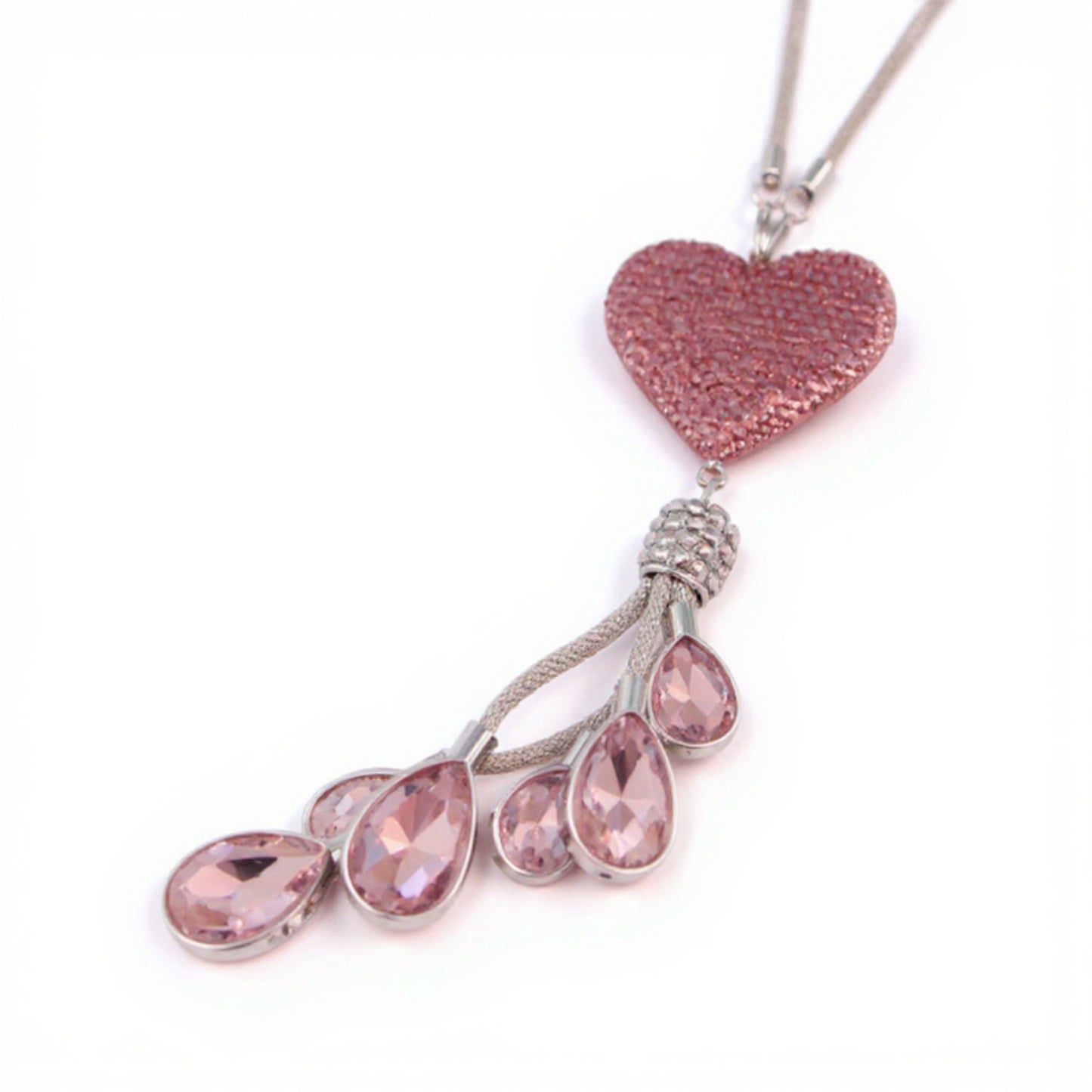 Pink Crystal Heart Car Mirror Charm with Teardrop Rhinestone Tassel