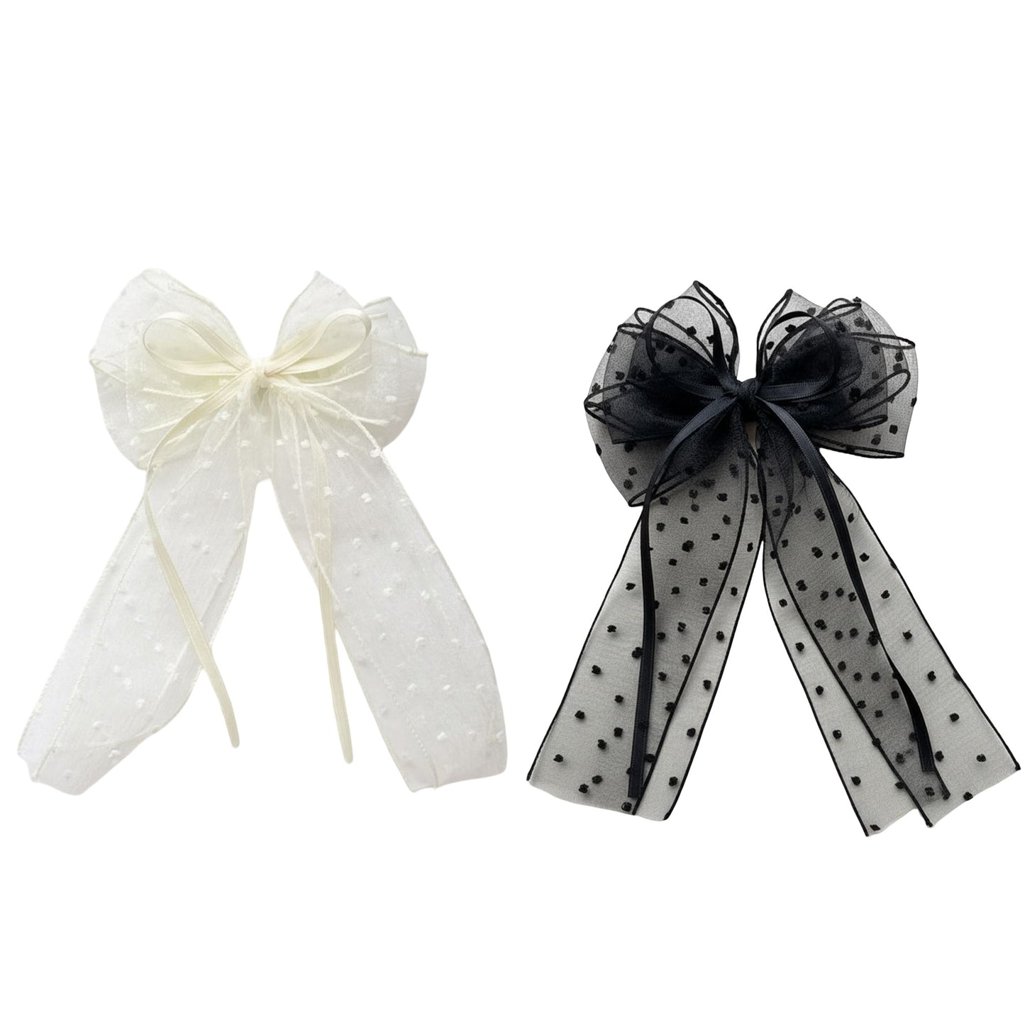 2pcs Sheer Polka Dot Bow Hair Clip with Layered Tulle Design and Long Ribbon Tails