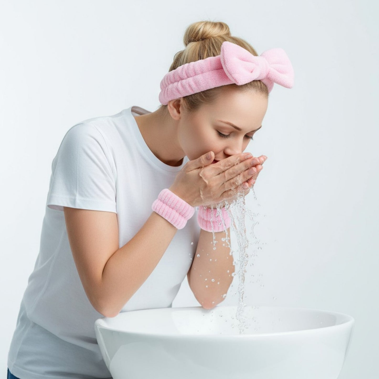 Plush Bow Spa Headband and Wristband Set for Face Washing and Skincare