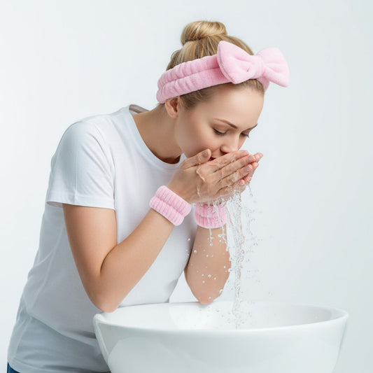 Plush Bow Spa Headband and Wristband Set for Face Washing and Skincare