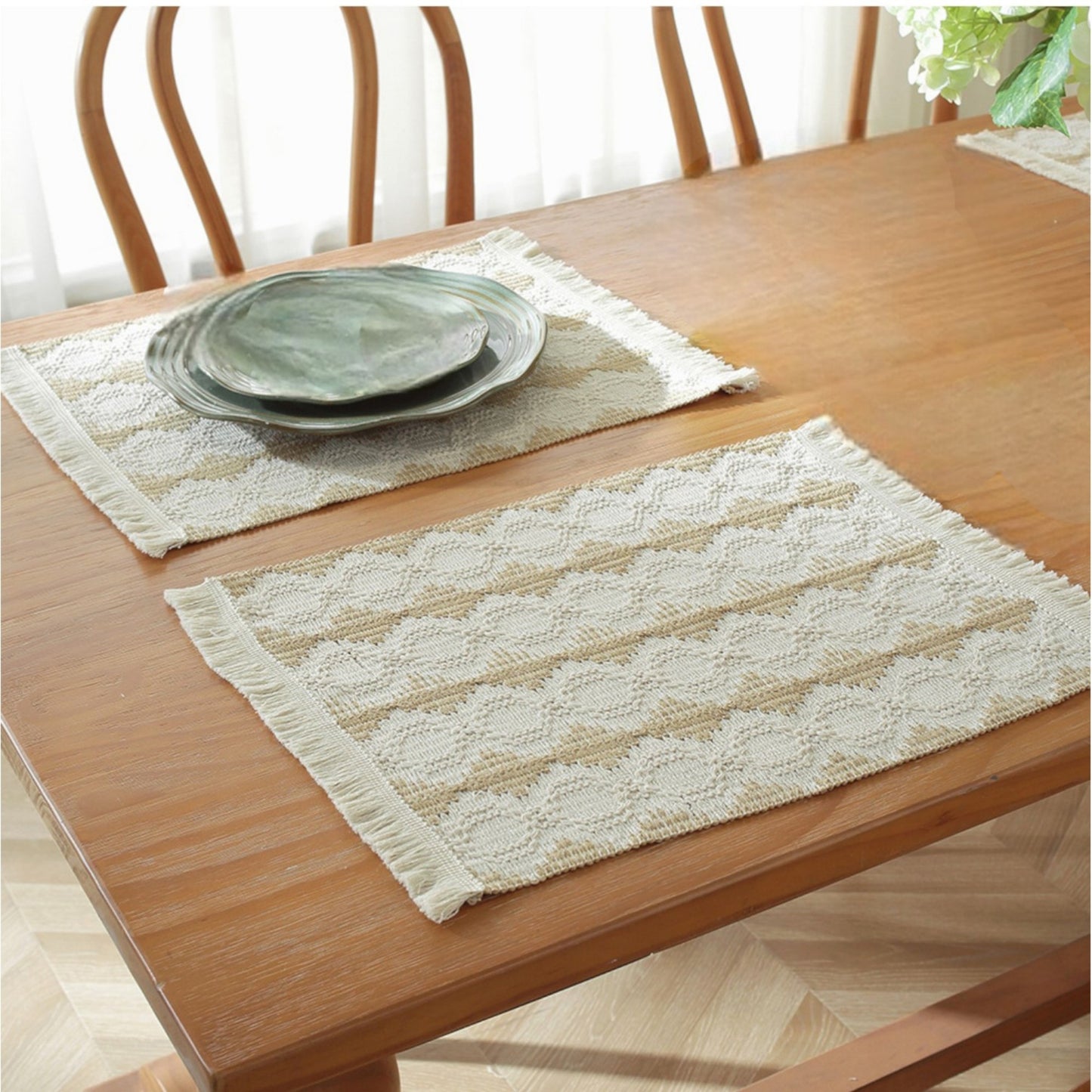 Set of 2 Woven Cotton Placemats with Fringe Edges for Dining Table