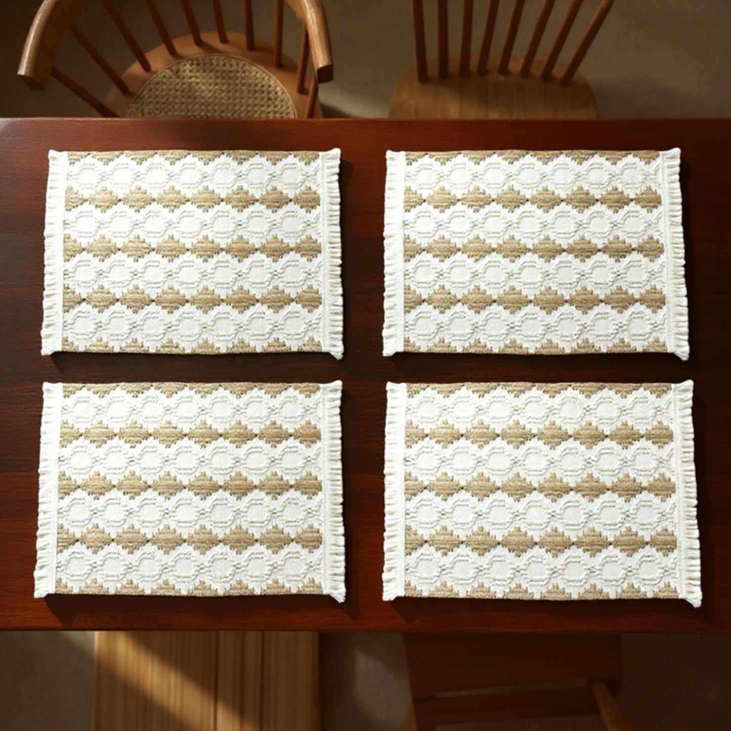 Set of 2 Woven Cotton Placemats with Fringe Edges for Dining Table