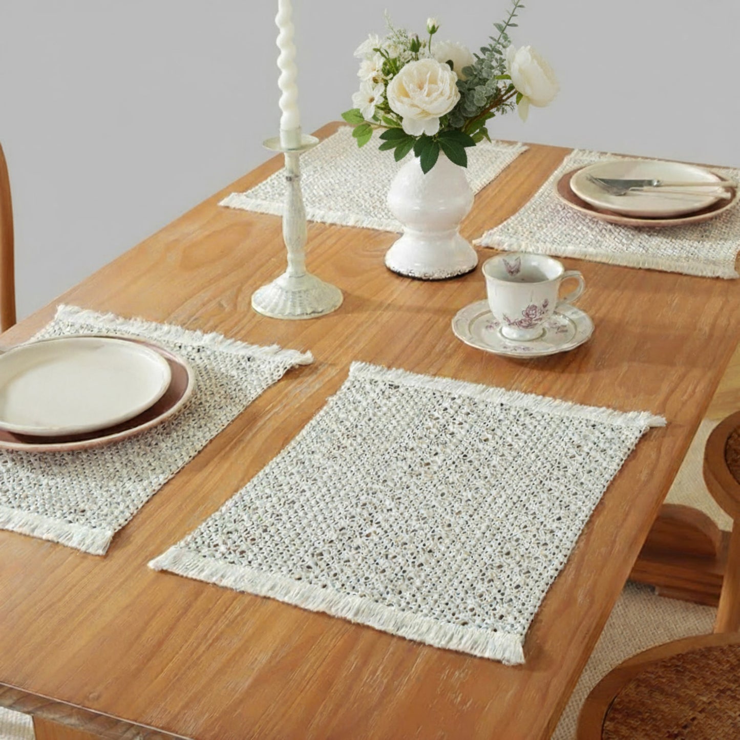 Set of 2 Woven Cotton Placemats with Fringe Edges for Dining Table