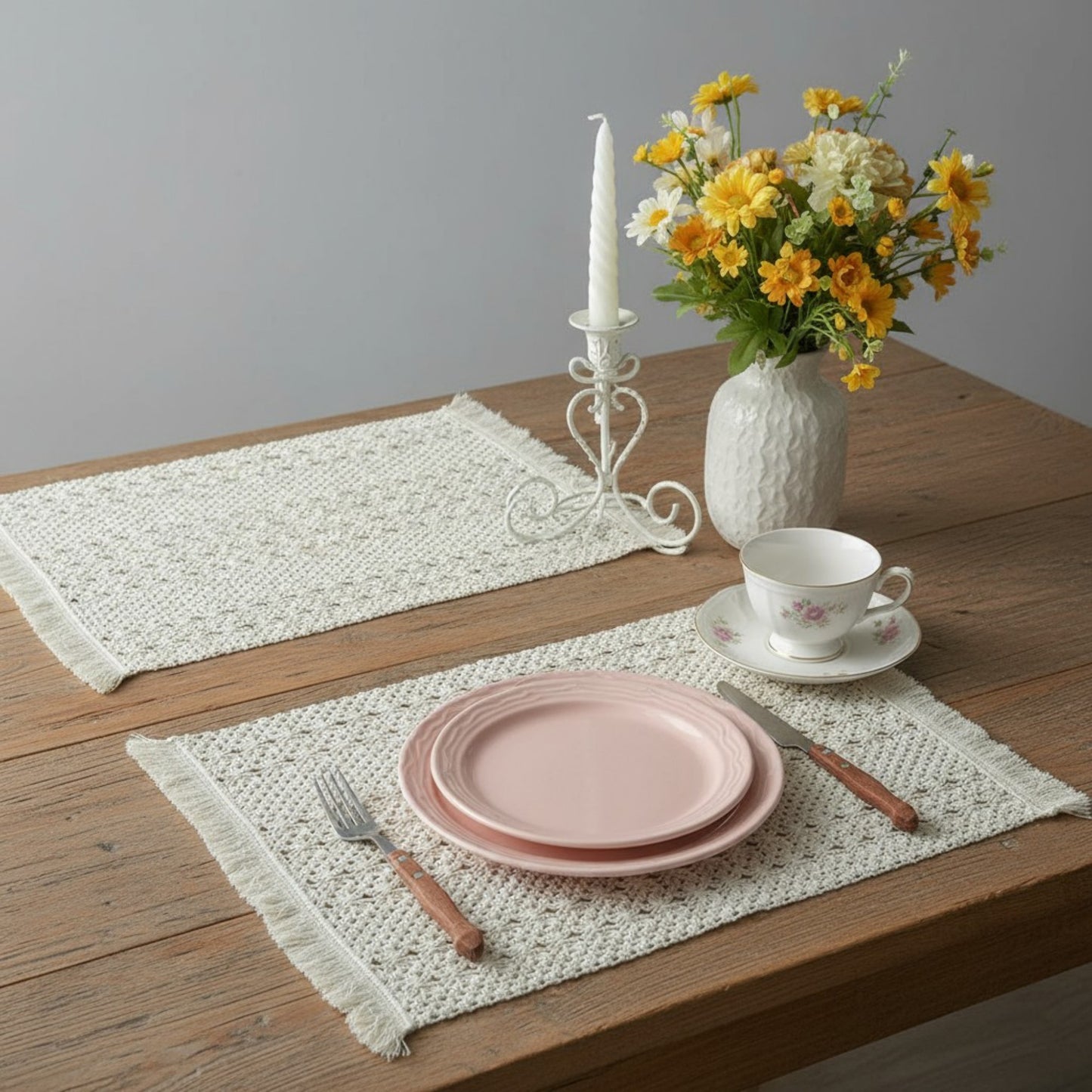 Set of 2 Woven Cotton Placemats with Fringe Edges for Dining Table