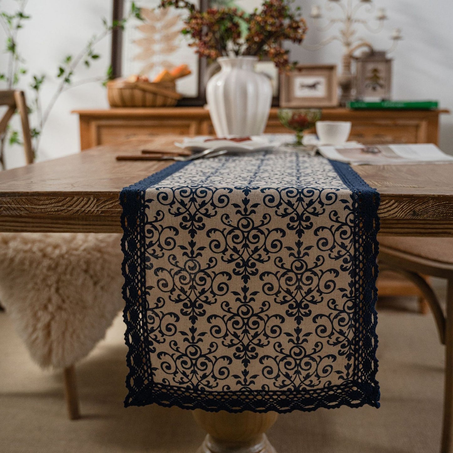 Floral Embroidered Table Runner with Crocheted Lace Edges