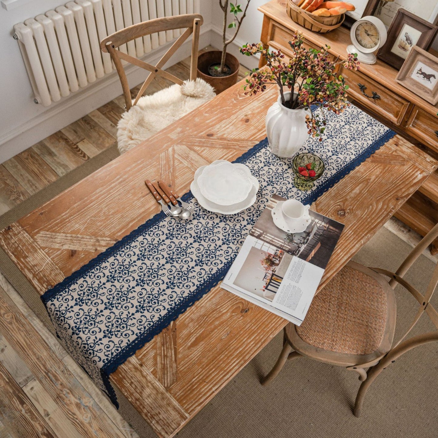 Floral Embroidered Table Runner with Crocheted Lace Edges