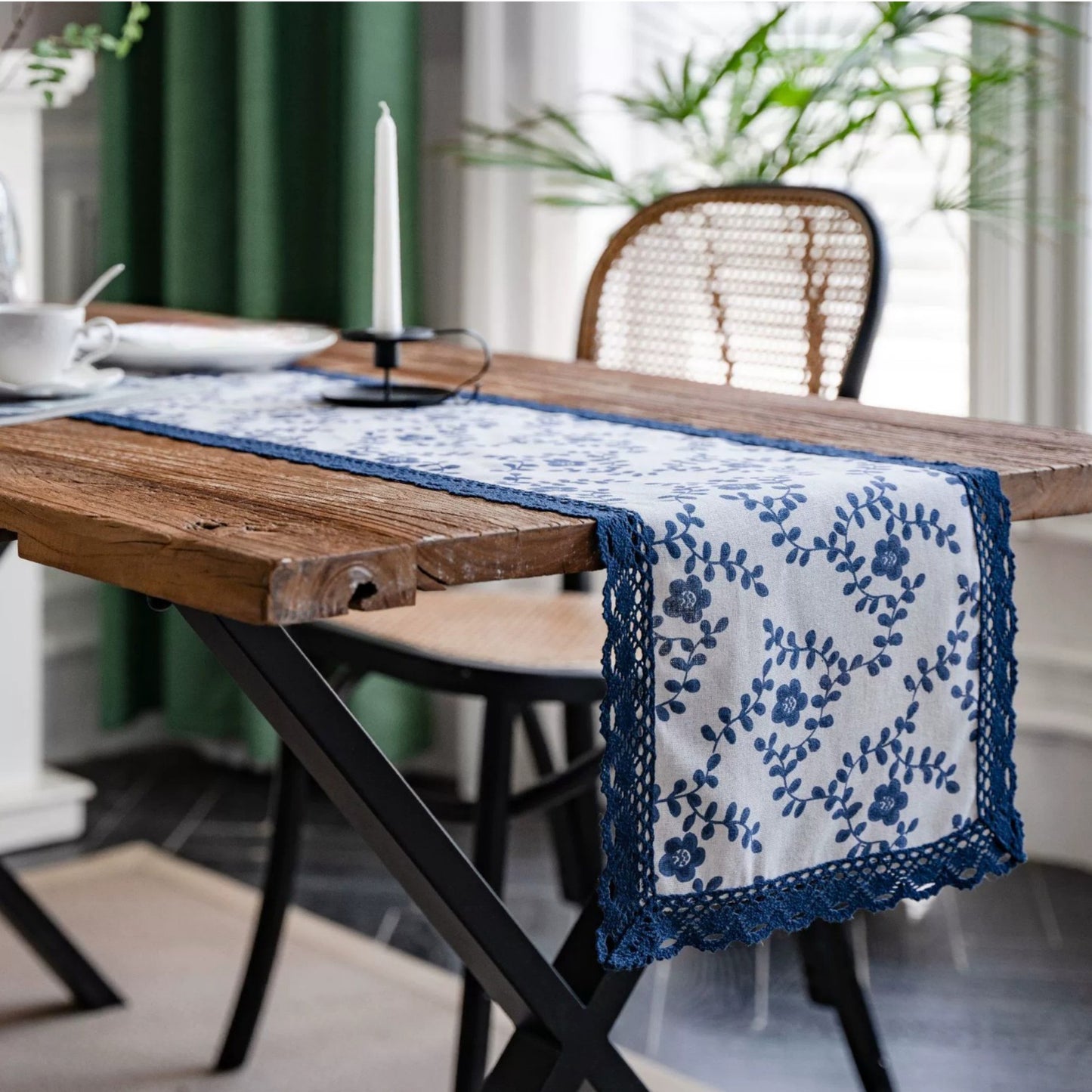 Floral Embroidered Table Runner with Crocheted Lace Edges