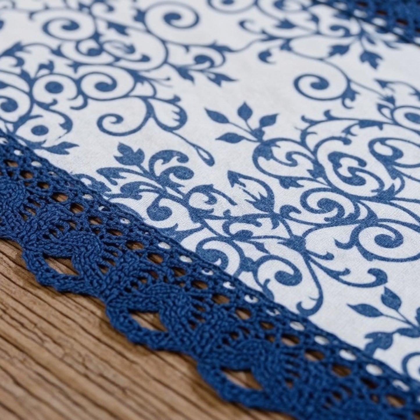 Floral Embroidered Table Runner with Crocheted Lace Edges