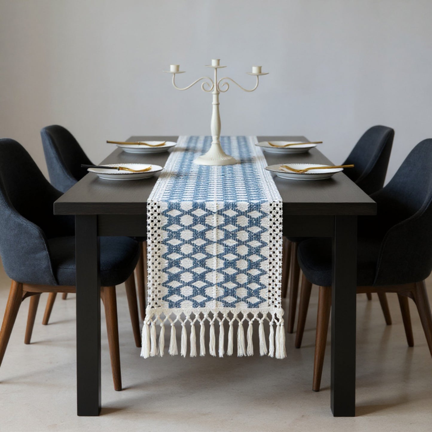 Geometric Woven Table Runner with Tassel Fringe Edges