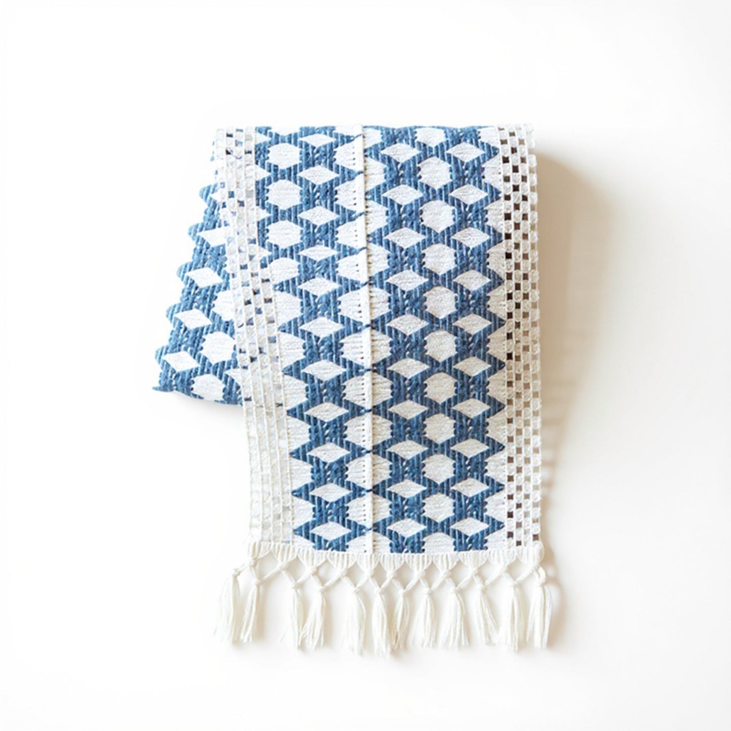 Geometric Woven Table Runner with Tassel Fringe Edges
