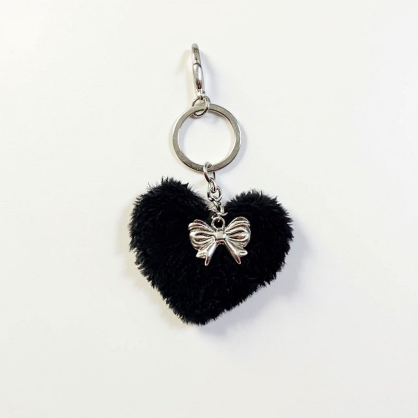 Plush Heart Keychain with Bow Detail and Metal Clip