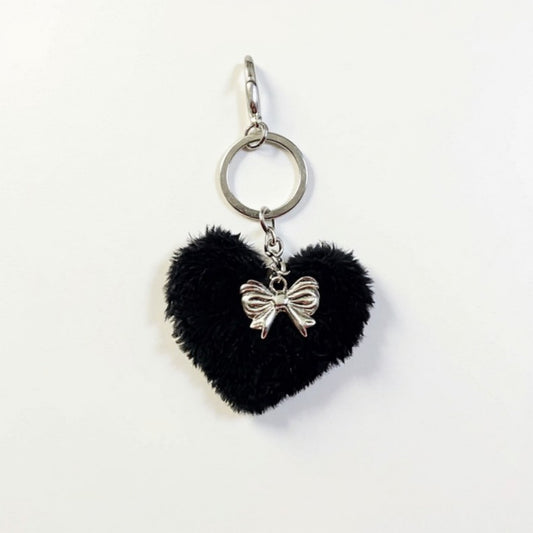Plush Heart Keychain with Bow Detail and Metal Clip