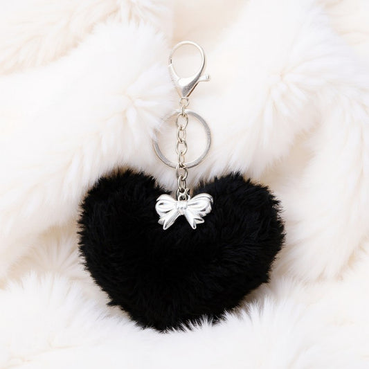Plush Heart Keychain with Bow Detail and Metal Clip