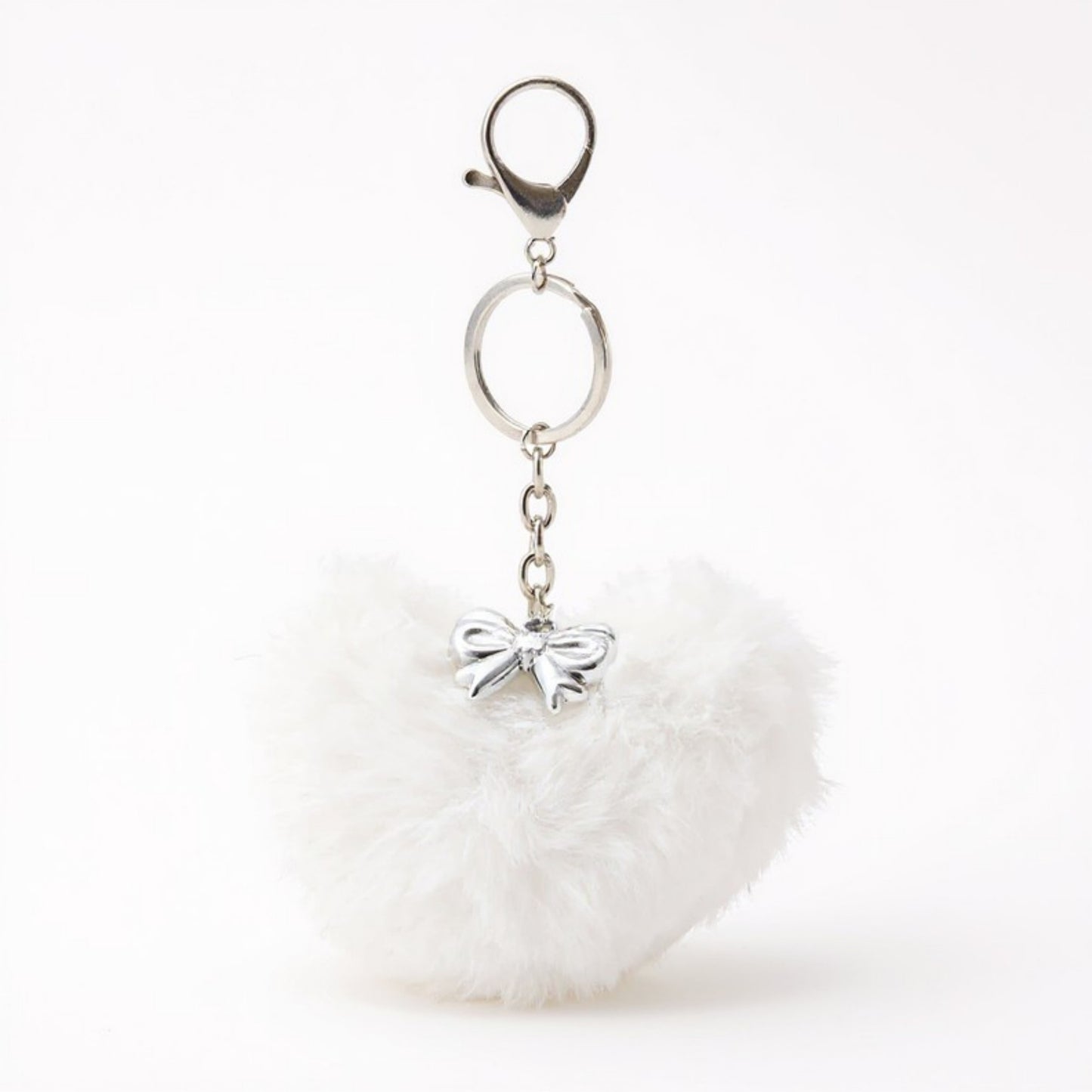 Plush Heart Keychain with Bow Detail and Metal Clip