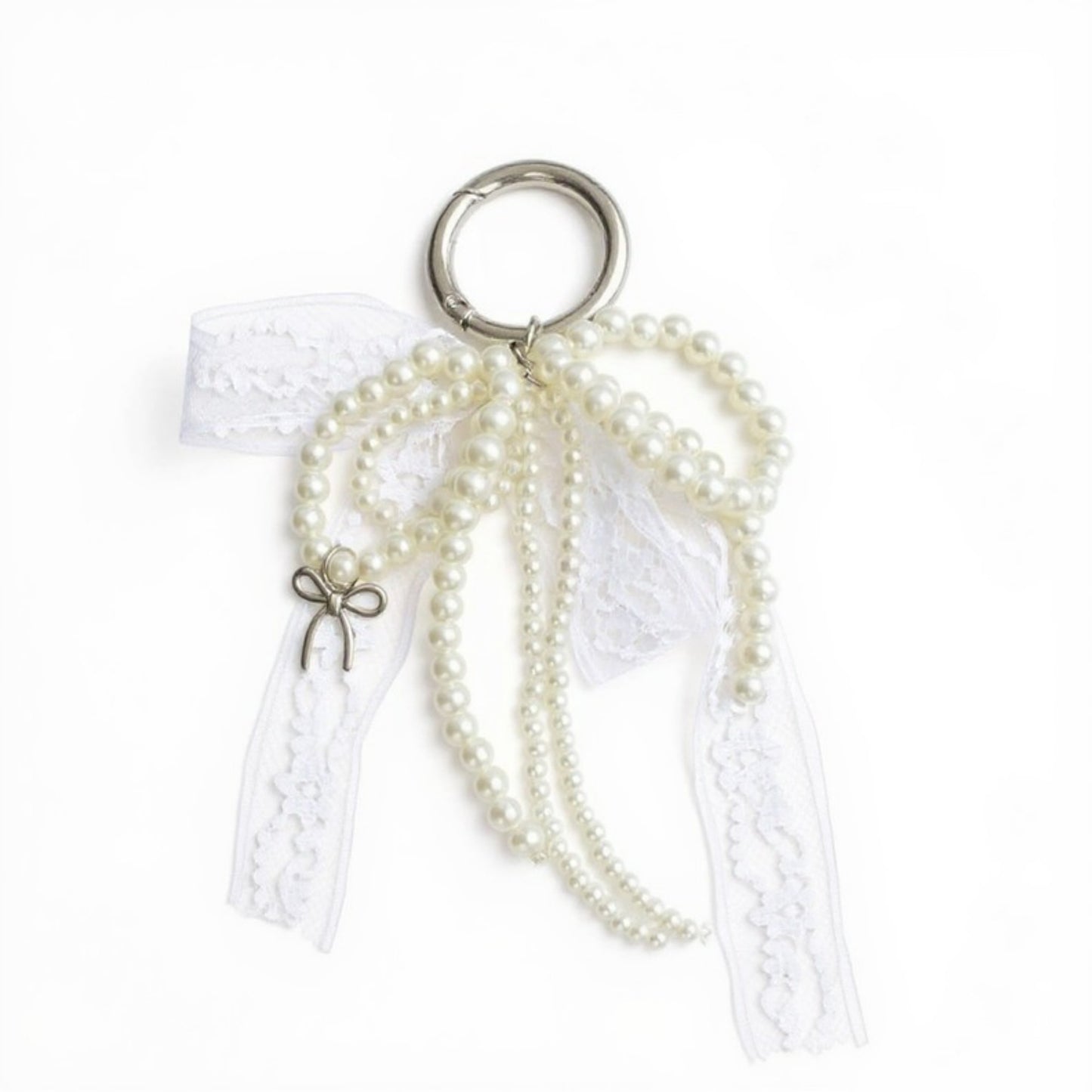Pearl and Lace Bow Keychain with Silver Ring and Charm Accent