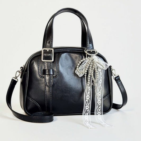 Pearl and Lace Bow Keychain with Silver Ring and Charm Accent