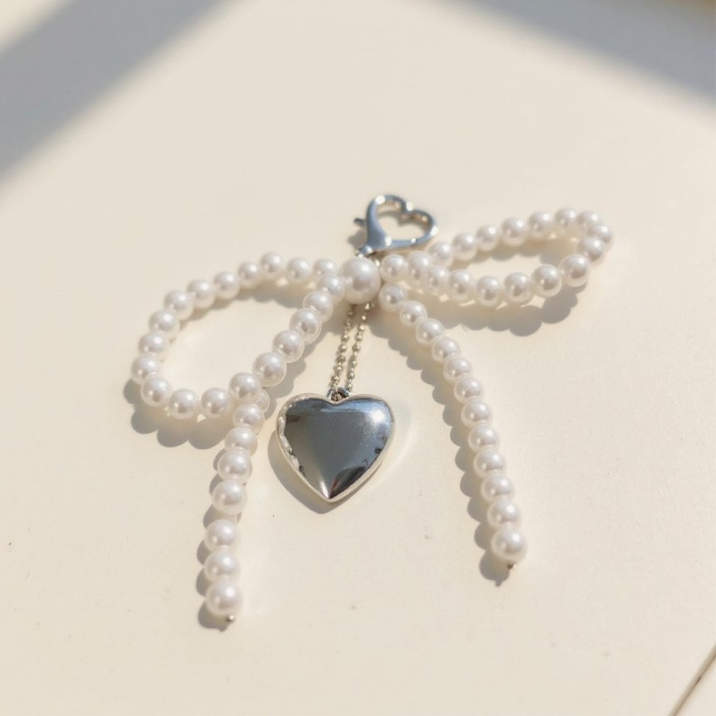 Pearl Beaded Bow Keychain with Silver Heart Charm and Heart Clip
