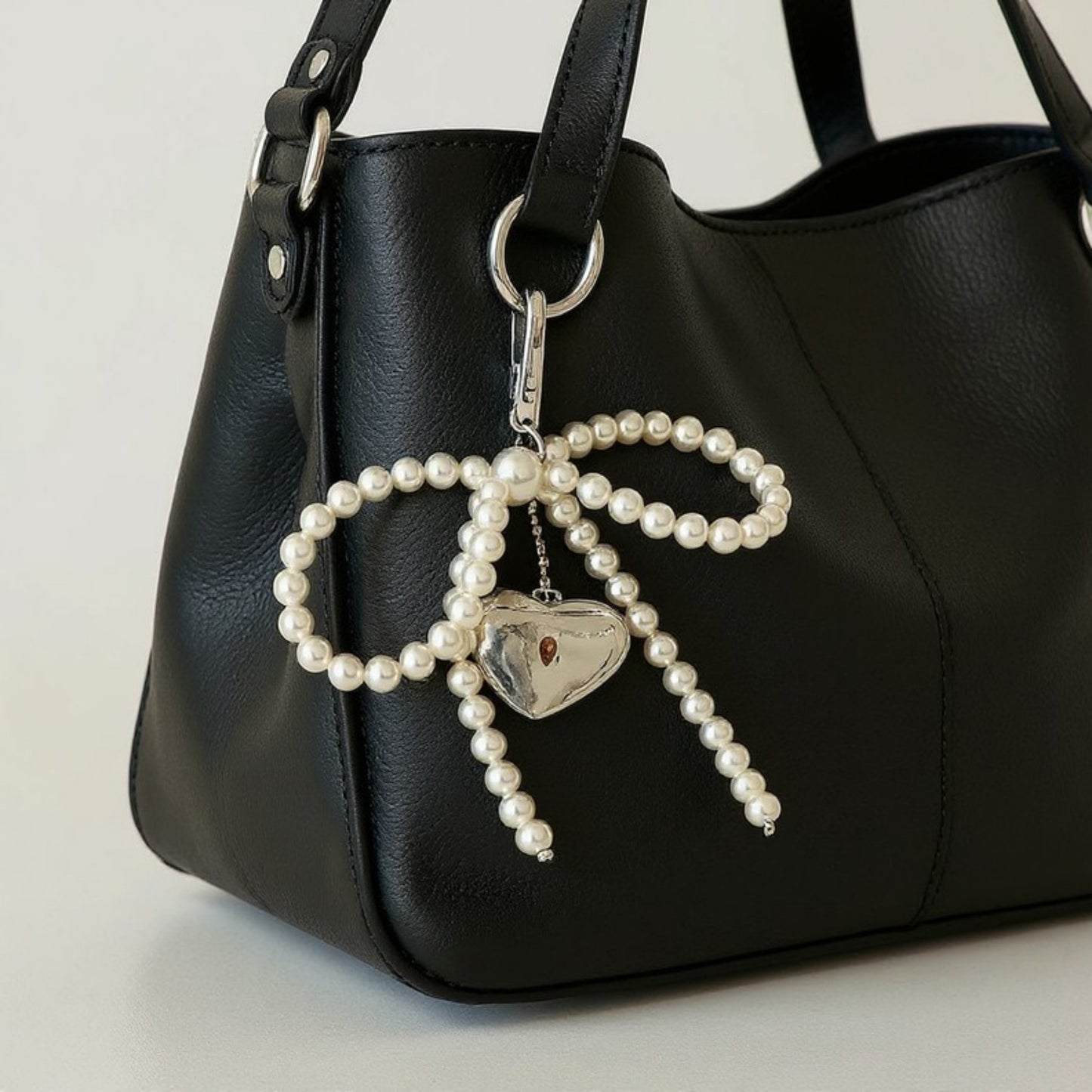 Pearl Beaded Bow Keychain with Silver Heart Charm and Heart Clip