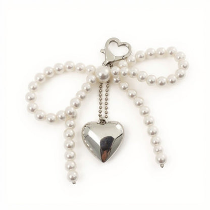 Pearl Beaded Bow Keychain with Silver Heart Charm and Heart Clip