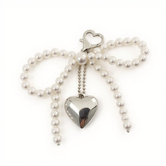 Pearl Beaded Bow Keychain with Silver Heart Charm and Heart Clip