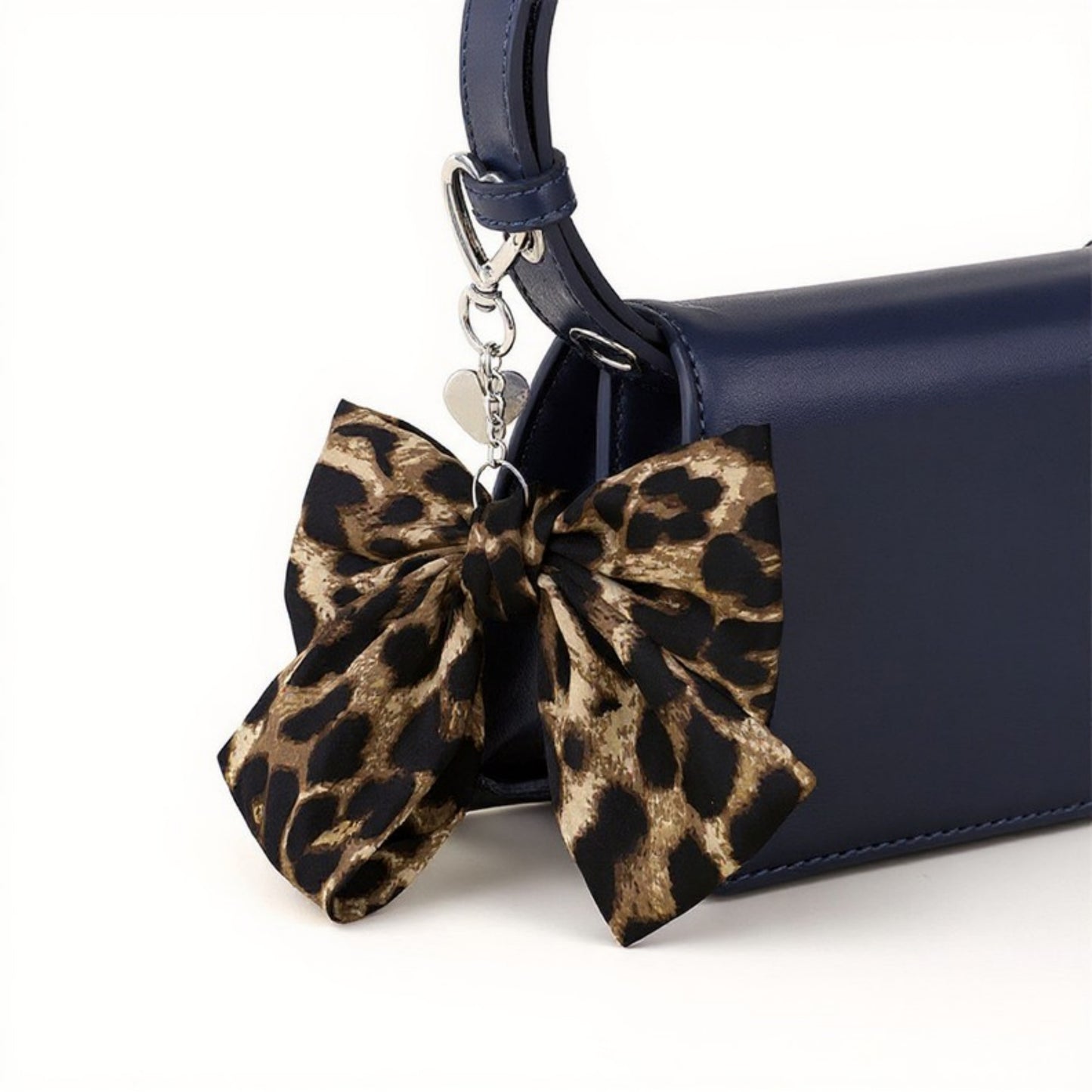 Leopard Print Fabric Bow Keychain with Silver Heart Clip Charm