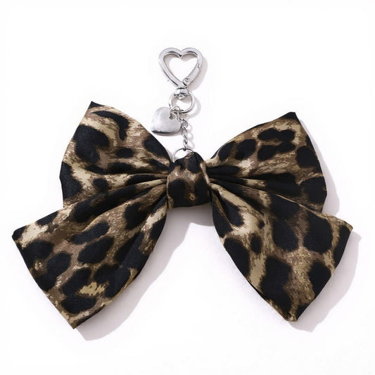 Leopard Print Fabric Bow Keychain with Silver Heart Clip Charm