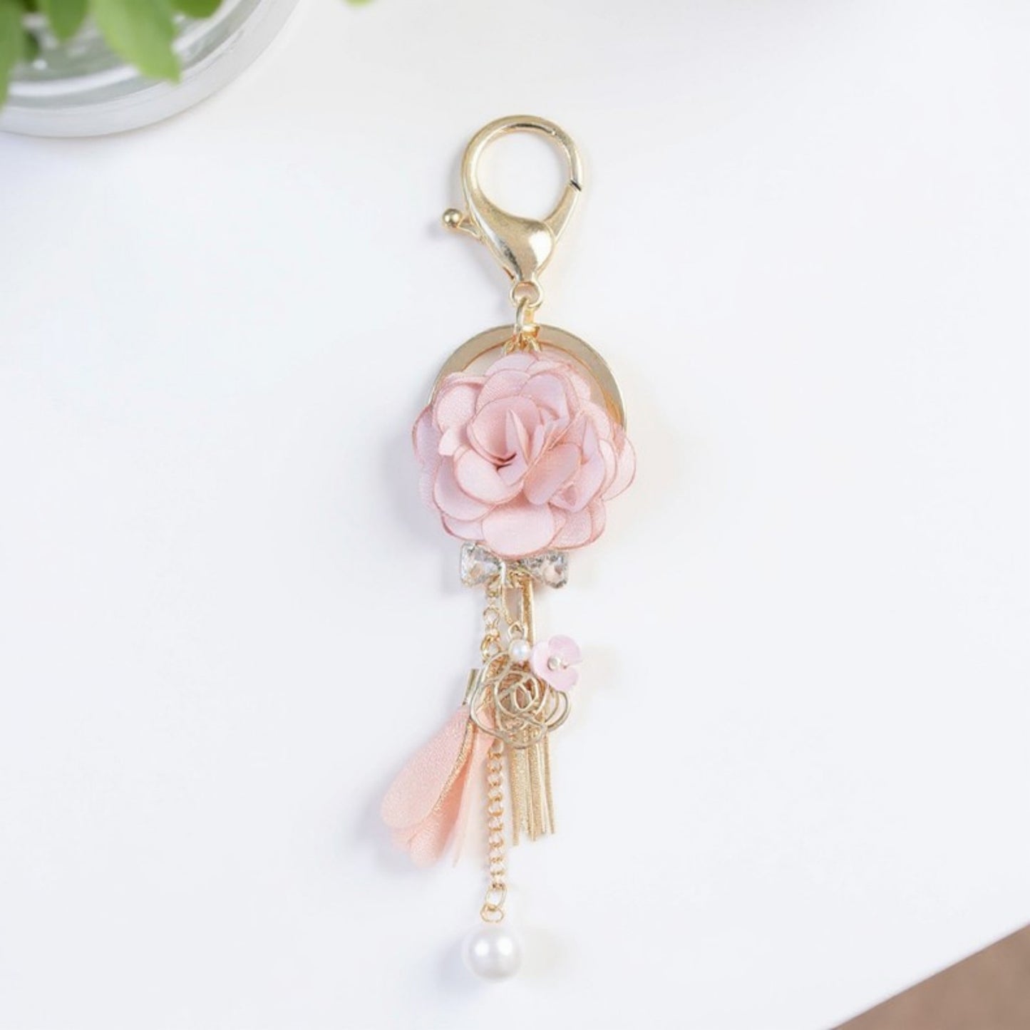 Pink Flower Tassel Keychain with Pearl Accent and Gold Metal Details