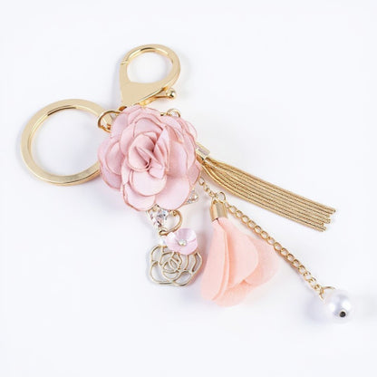 Pink Flower Tassel Keychain with Pearl Accent and Gold Metal Details