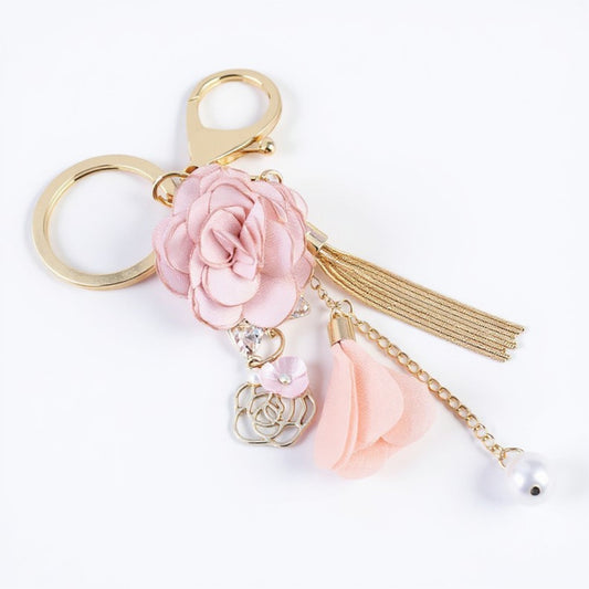Pink Flower Tassel Keychain with Pearl Accent and Gold Metal Details