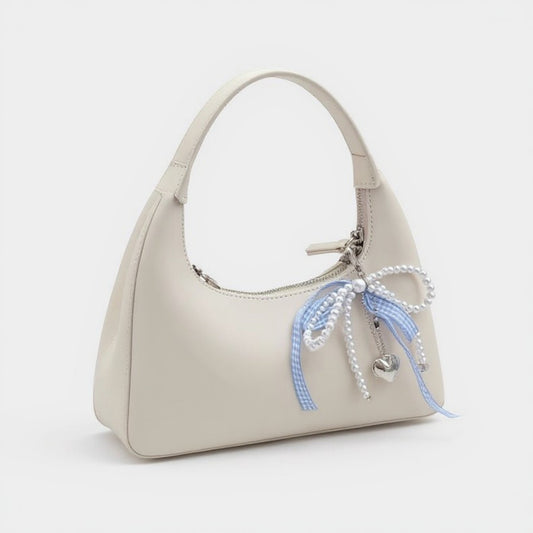 Ribbon Pearl Bow Keychain with Silver Heart Charm and Gingham Accent