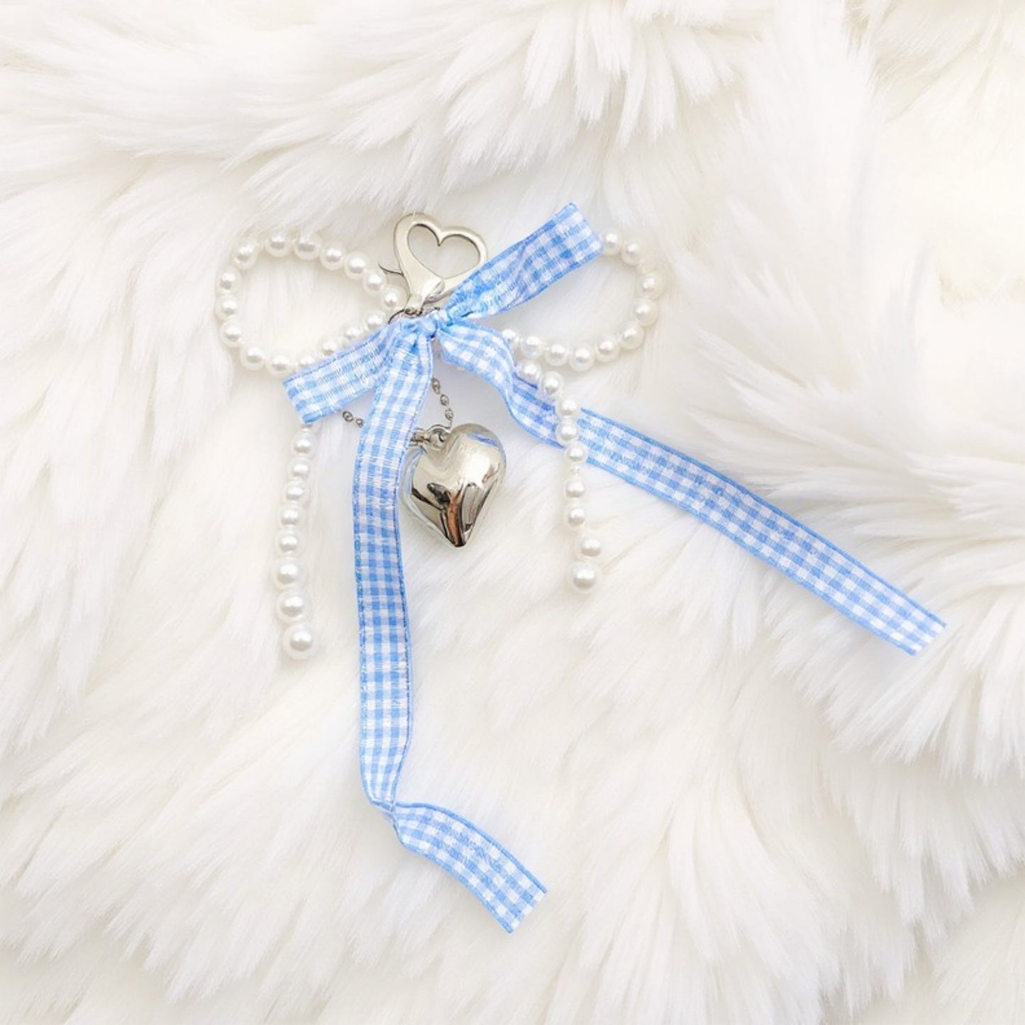 Ribbon Pearl Bow Keychain with Silver Heart Charm and Gingham Accent