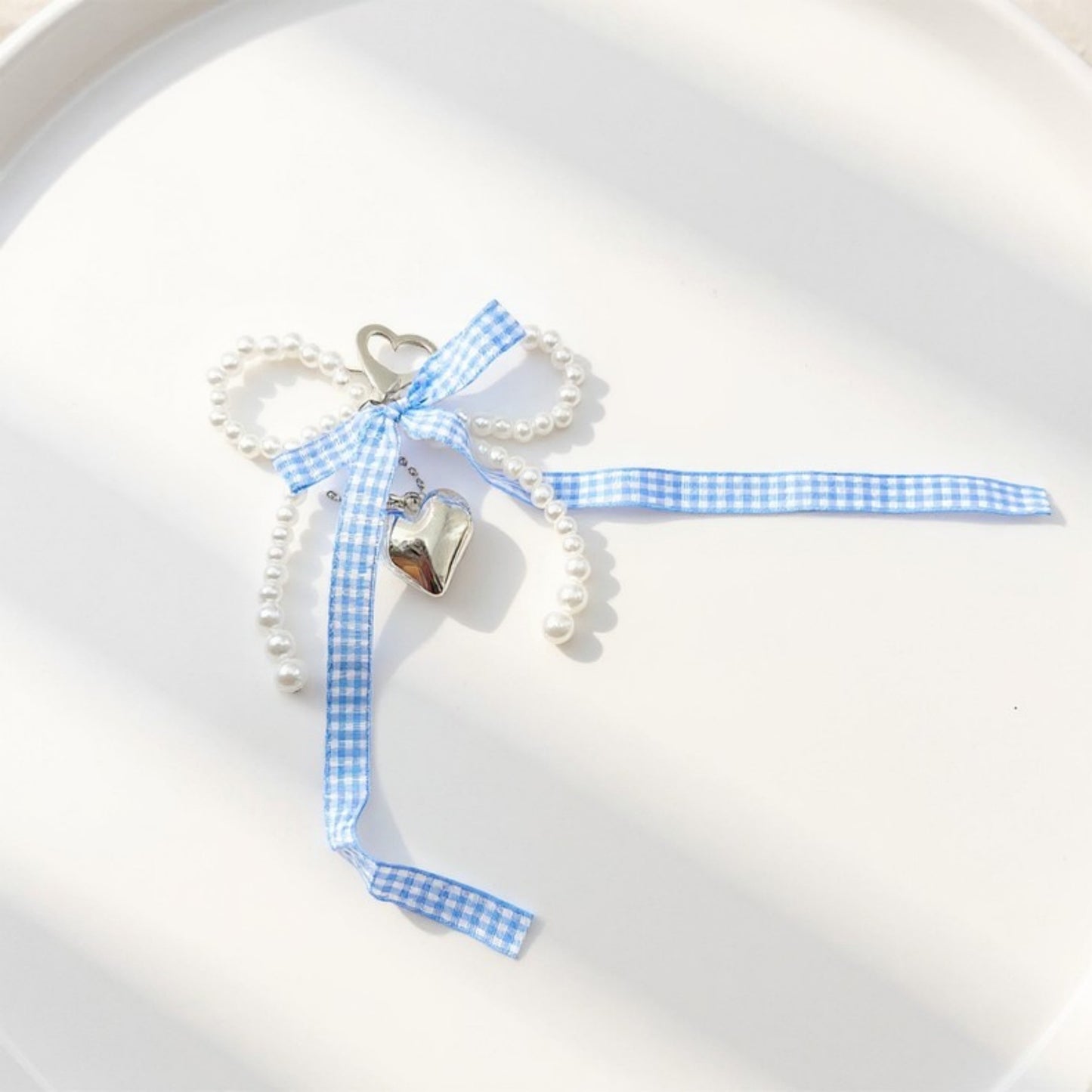 Ribbon Pearl Bow Keychain with Silver Heart Charm and Gingham Accent