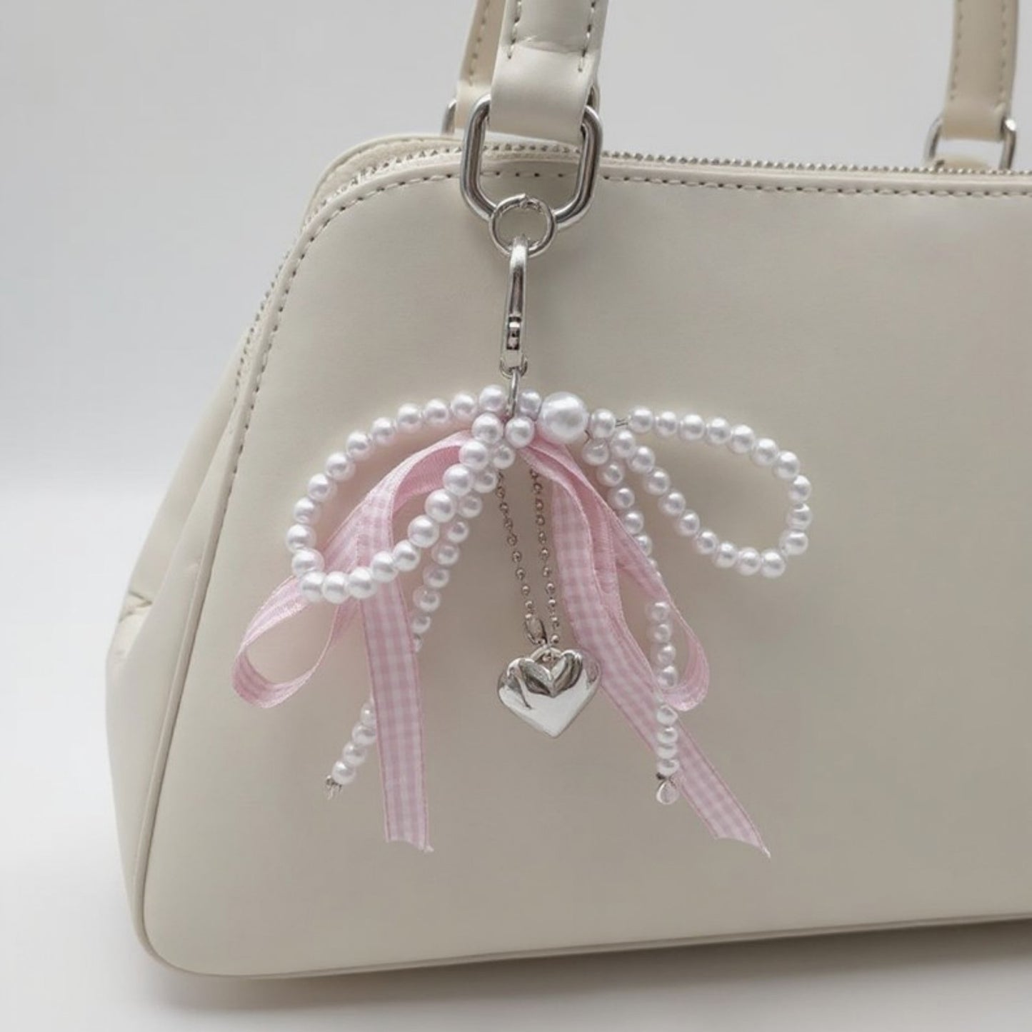 Ribbon Pearl Bow Keychain with Silver Heart Charm and Gingham Accent