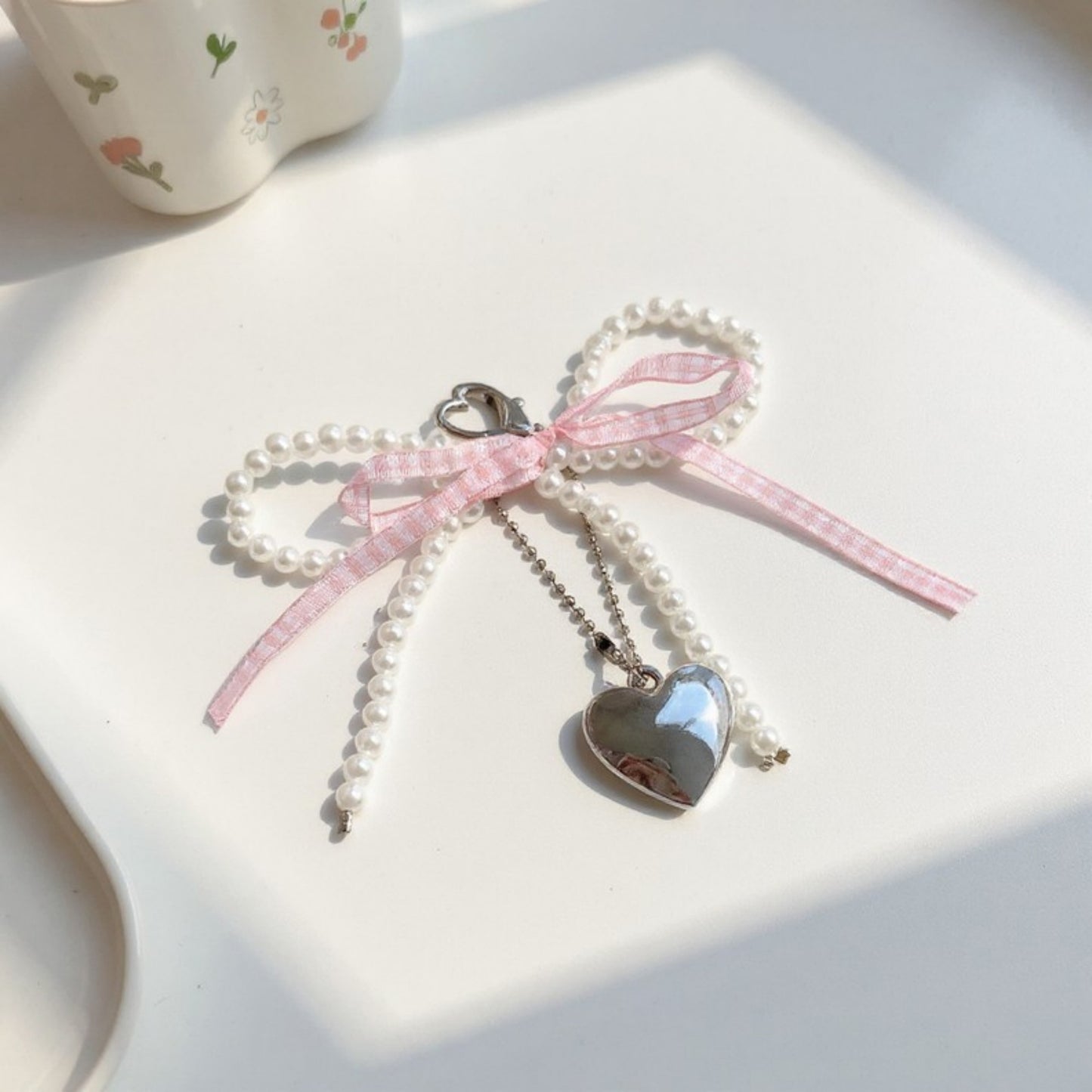 Ribbon Pearl Bow Keychain with Silver Heart Charm and Gingham Accent