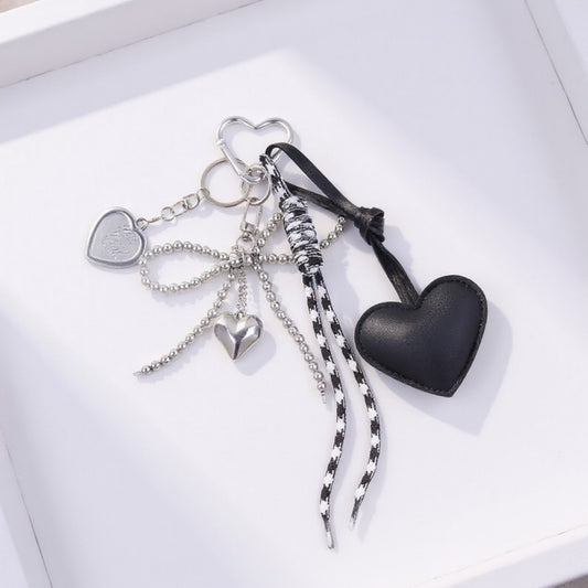 Heart Charm Keychain with Silver Chain Details and Bow Accent