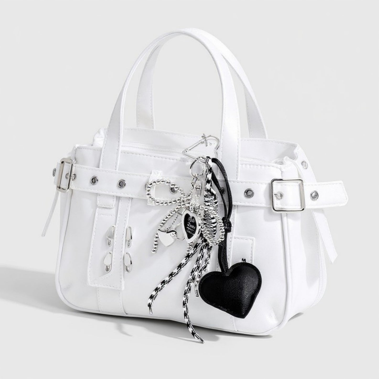 Heart Charm Keychain with Silver Chain Details and Bow Accent