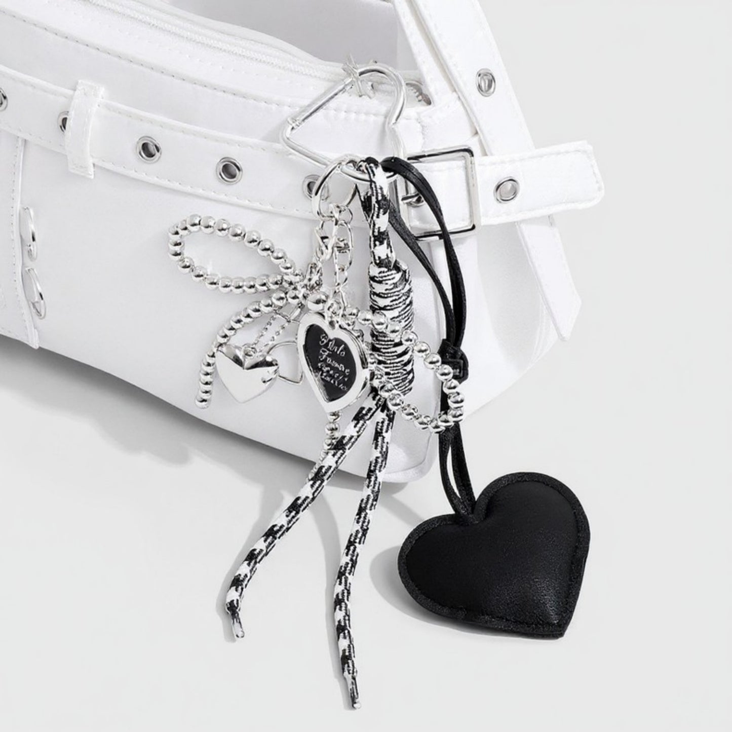 Heart Charm Keychain with Silver Chain Details and Bow Accent