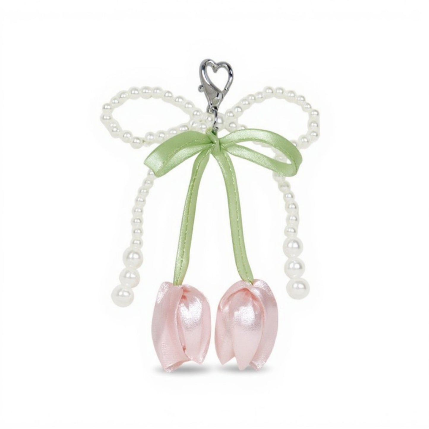 Pearl Bow Keychain with Satin Tulip Charms and Ribbon Accent