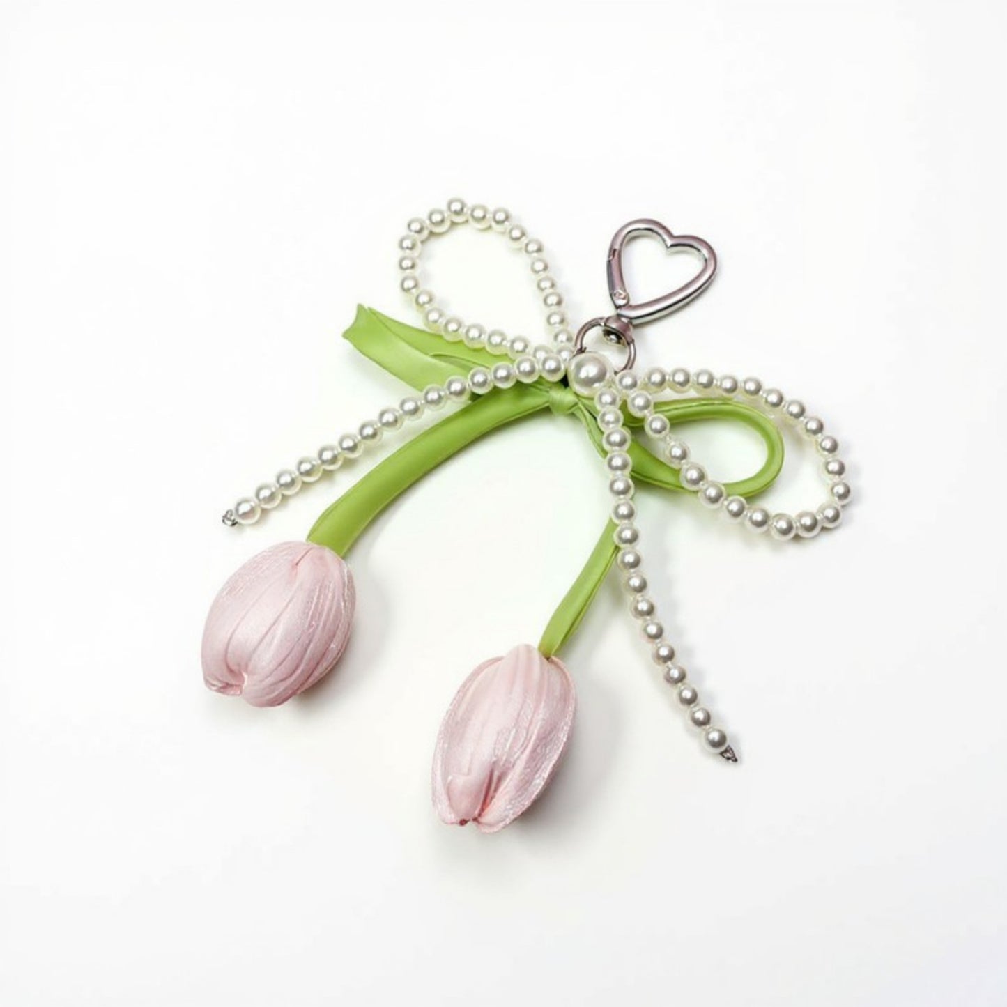 Pearl Bow Keychain with Satin Tulip Charms and Ribbon Accent