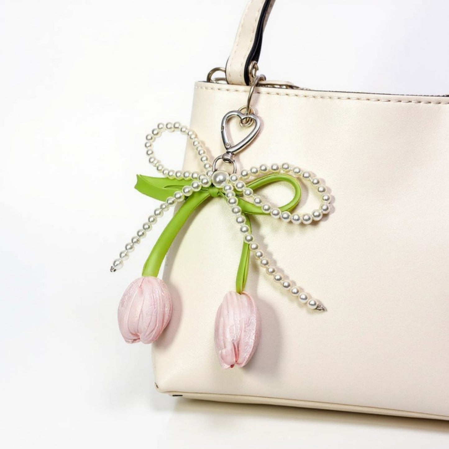 Pearl Bow Keychain with Satin Tulip Charms and Ribbon Accent