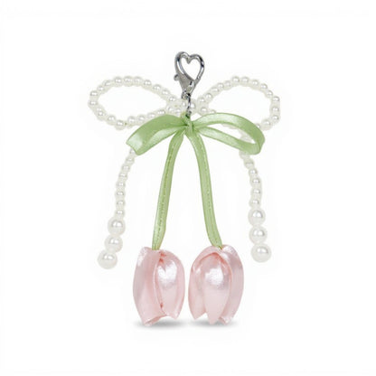 Pearl Bow Keychain with Satin Tulip Charms and Ribbon Accent
