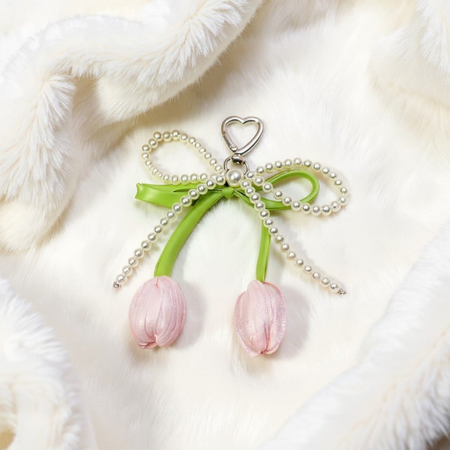 Pearl Bow Keychain with Satin Tulip Charms and Ribbon Accent