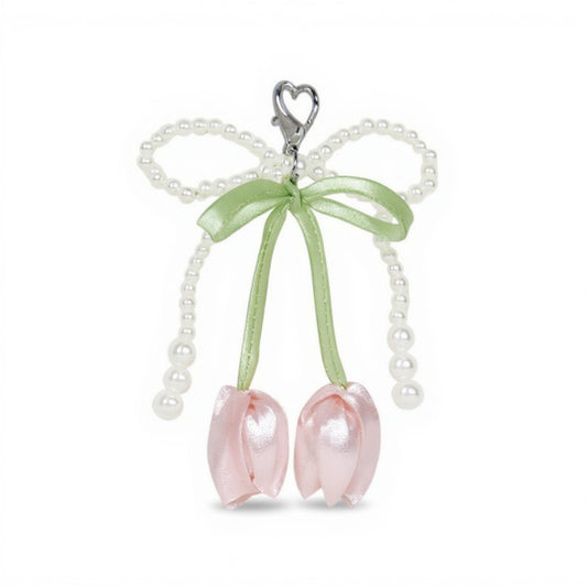 Pearl Bow Keychain with Satin Tulip Charms and Ribbon Accent