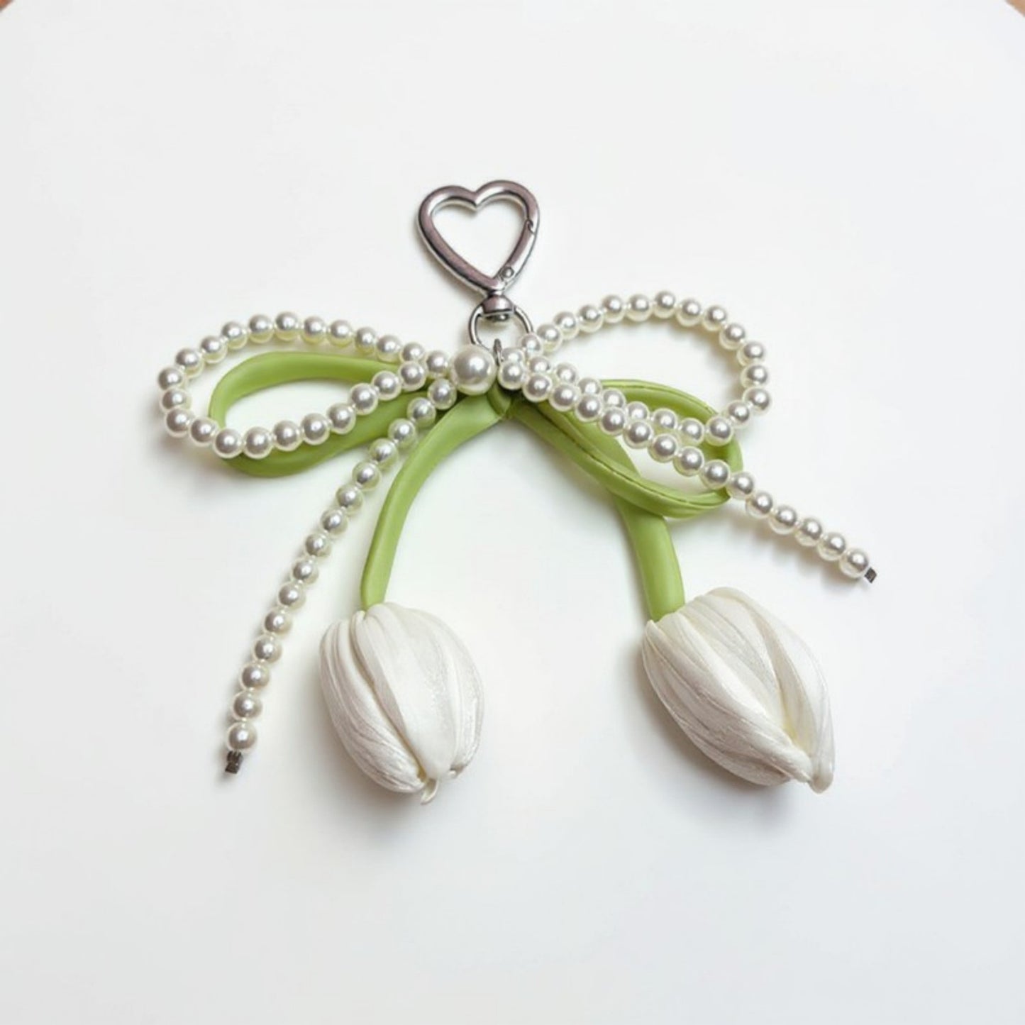 Pearl Bow Keychain with Satin Tulip Charms and Ribbon Accent