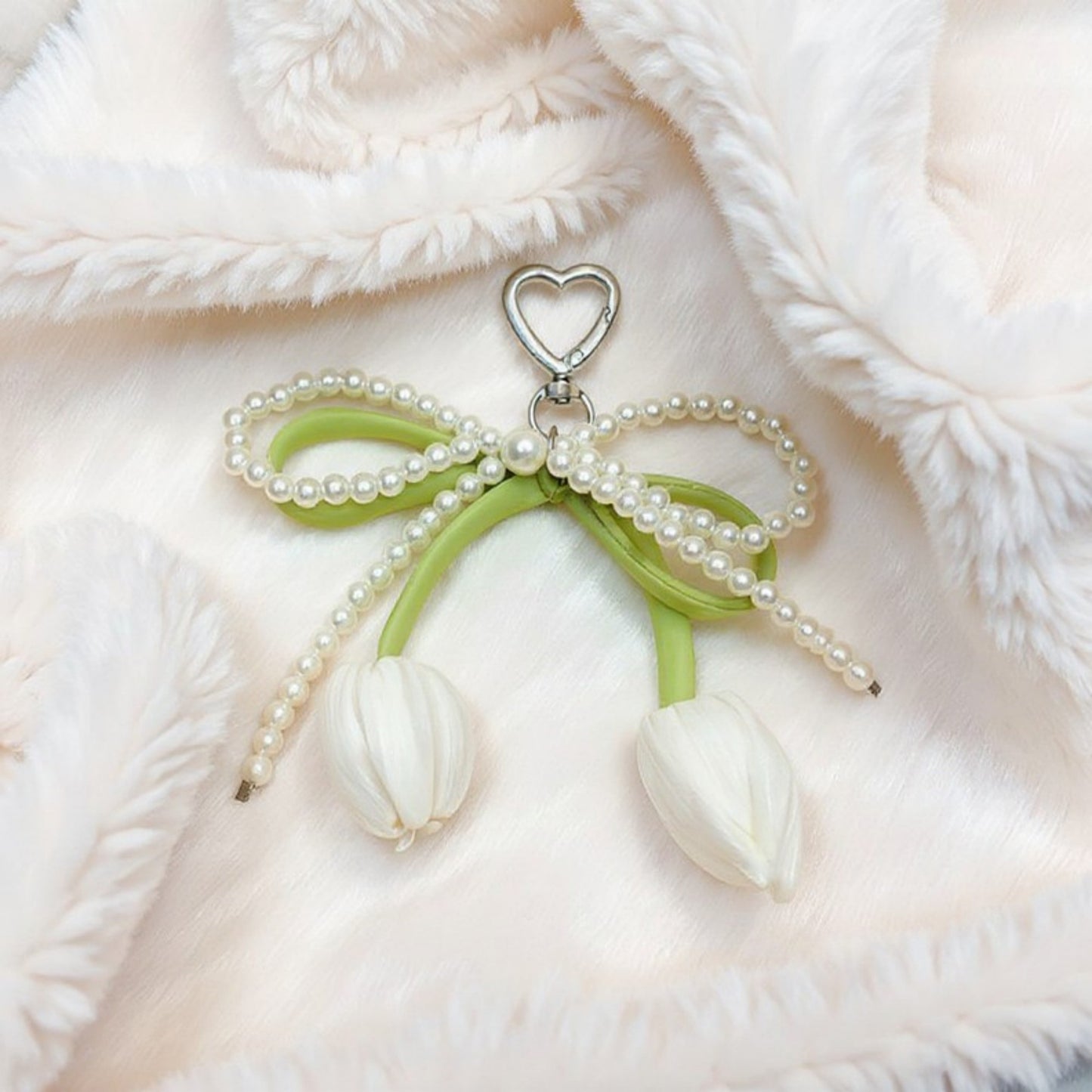 Pearl Bow Keychain with Satin Tulip Charms and Ribbon Accent