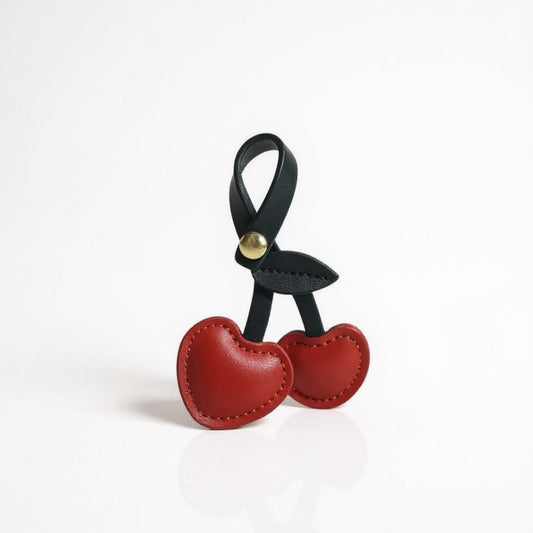Faux Leather Cherry Heart Keychain with Black Leaf Strap and Gold Rivet Detail