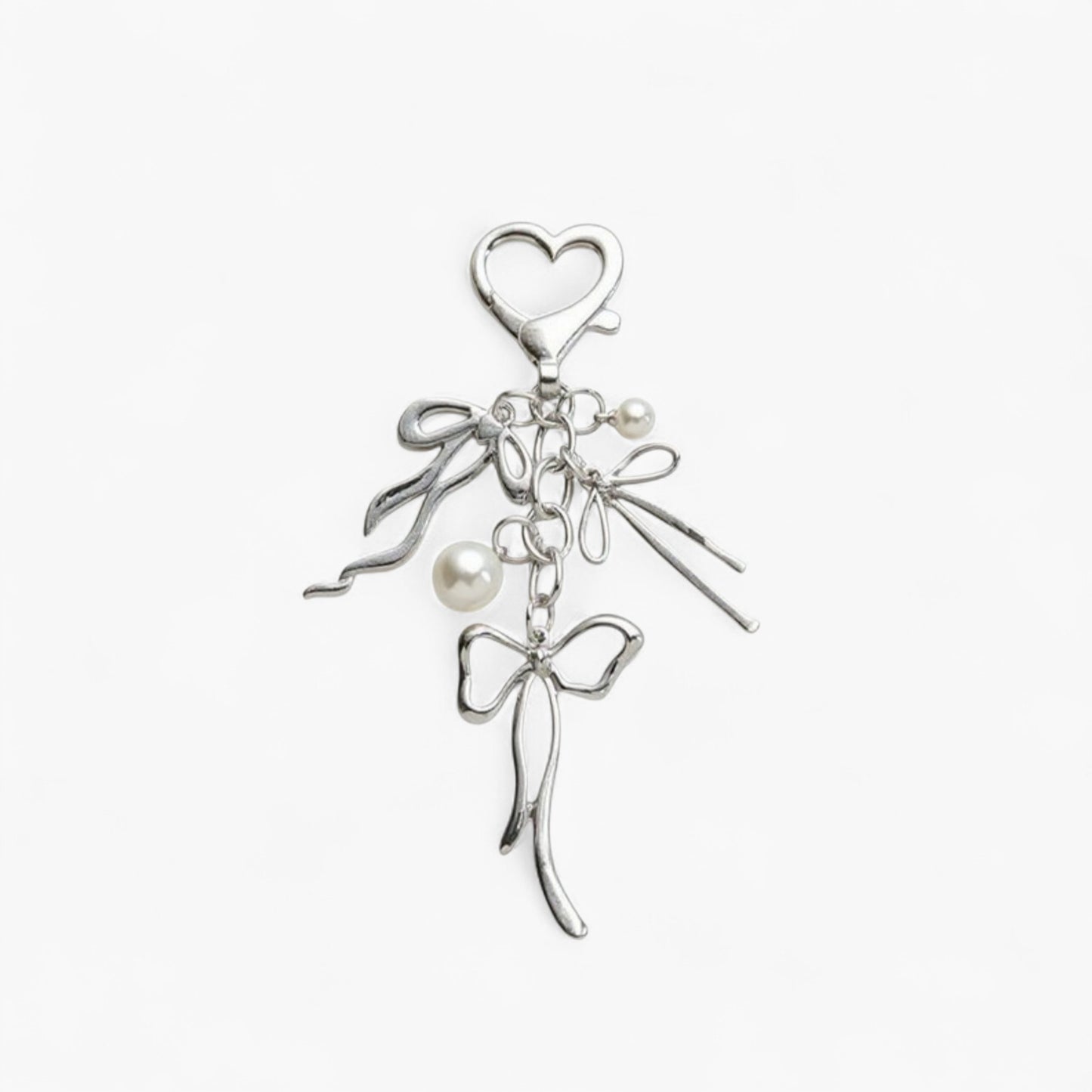 Silver Bow Keychain with Pearl Charms and Heart Clasp Accent