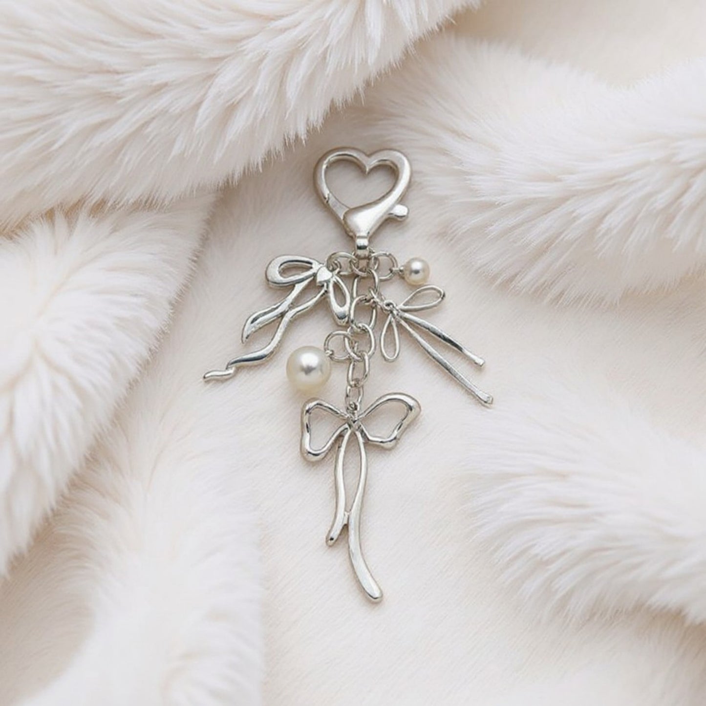 Silver Bow Keychain with Pearl Charms and Heart Clasp Accent