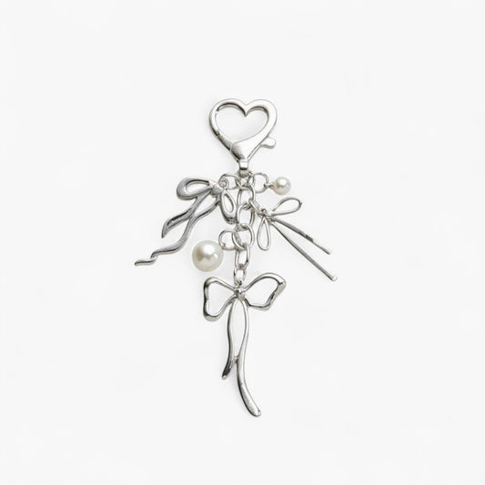 Silver Bow Keychain with Pearl Charms and Heart Clasp Accent